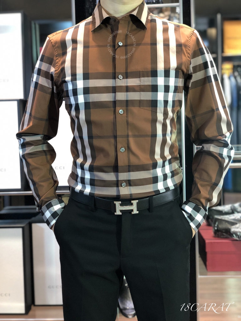 Áo sơ mi Burberry nam chính hãng màu ghi kẻ trắng vạch vàng be ngắn tay #26 Áo sơ mi Burberry nam chính hãng màu ghi kẻ trắng vạch vàng be ngắn tay